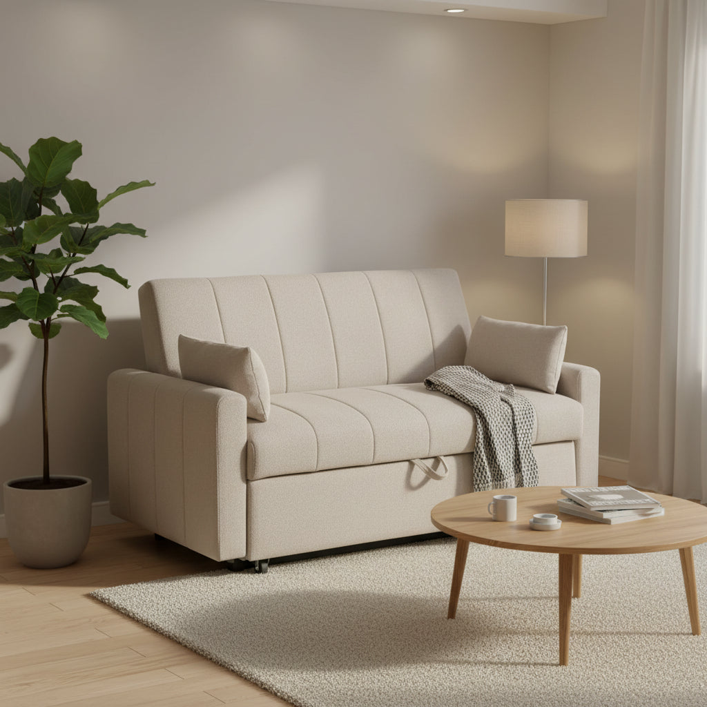 Porta Sleeper Sofa Bed, Latte Ivory Boucle Fabric, Full Size, 60 Inch