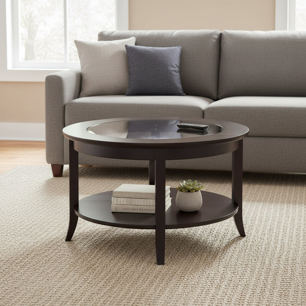 Genoa Round Glass Top Coffee Table - 30 - Dark Espresso