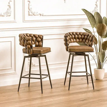 Lot de 2 tabourets de bar hauteur comptoir, tabourets de bar pivotants avec dossier tressé, chaises d'îlot de cuisine avec repose-pieds et cadre en métal