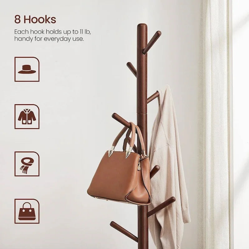 Porte-manteau moderne en bois massif, 8 crochets, capacité de 24 kg, conception réglable en 3 sections avec base triangulaire