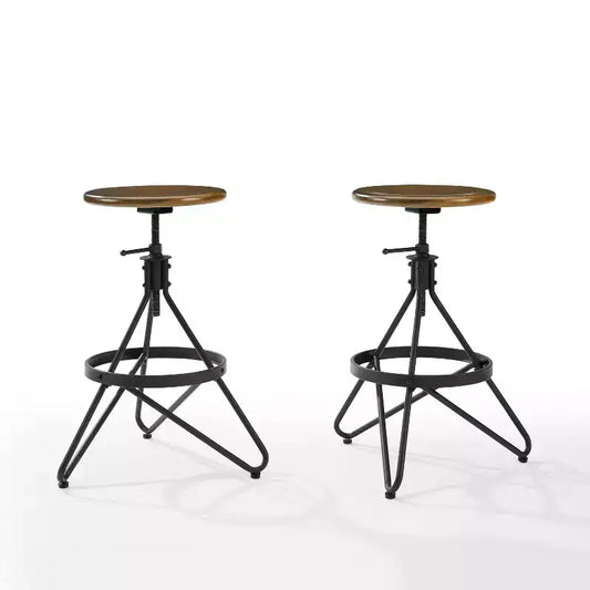 Crosley Set of 2 Kalen Adjustable Height Swivel Barstools Brown/Matte Black : Steel Frame, Industrial Farmhouse Style