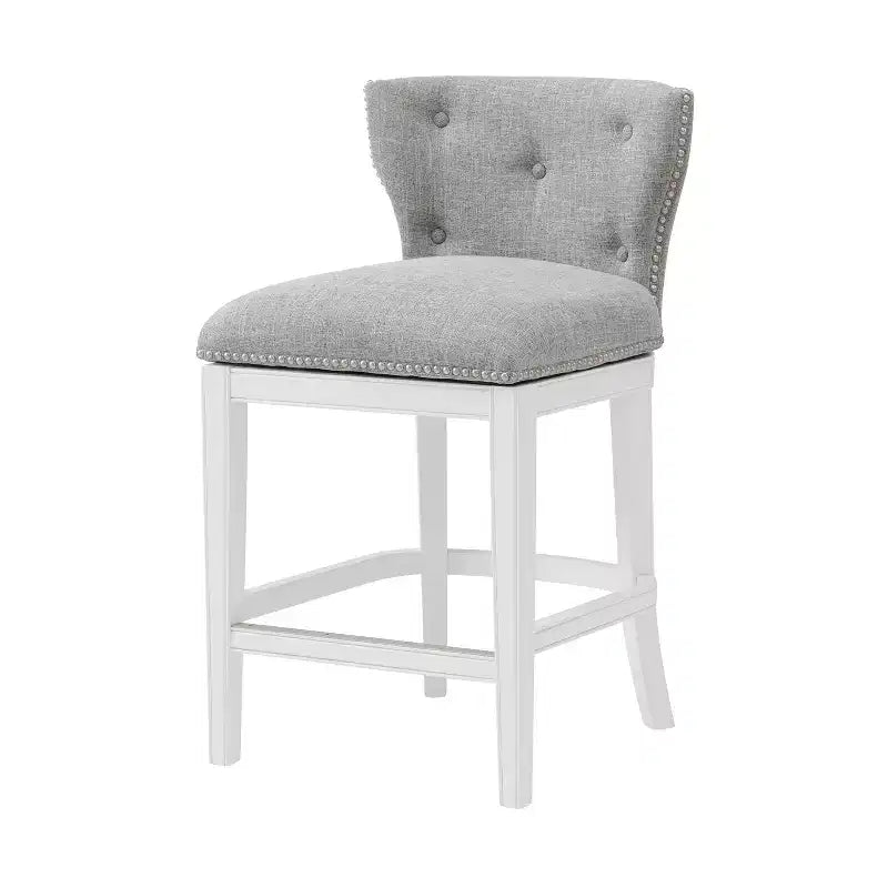 Lot de 2 tabourets de bar pivotants hauteur comptoir Miranda blancs - Alaterre Furniture : Tissu lin, garniture cloutée, retour pivotant à mémoire de forme