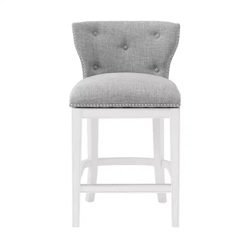Lot de 2 tabourets de bar pivotants hauteur comptoir Miranda blancs - Alaterre Furniture : Tissu lin, garniture cloutée, retour pivotant à mémoire de forme