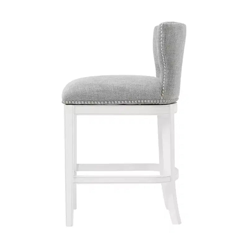 Lot de 2 tabourets de bar pivotants hauteur comptoir Miranda blancs - Alaterre Furniture : Tissu lin, garniture cloutée, retour pivotant à mémoire de forme