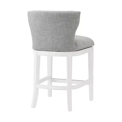 Lot de 2 tabourets de bar pivotants hauteur comptoir Miranda blancs - Alaterre Furniture : Tissu lin, garniture cloutée, retour pivotant à mémoire de forme