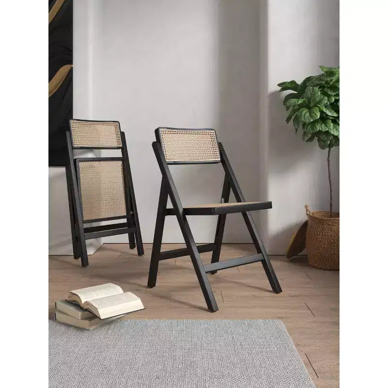 Lot de 4 Chaises Pliantes de Salle à Manger Pullman Cane Noir/Naturel - Manhattan Comfort : Bois Massif, Aucun Montage Requis, Finition Mate