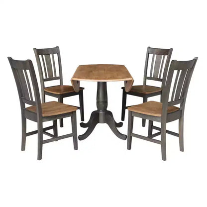 Table à manger ronde 5 pièces de 42 po à double rabat avec 4 chaises à dossier ajouré Noyer/Charbon délavé - International Concepts