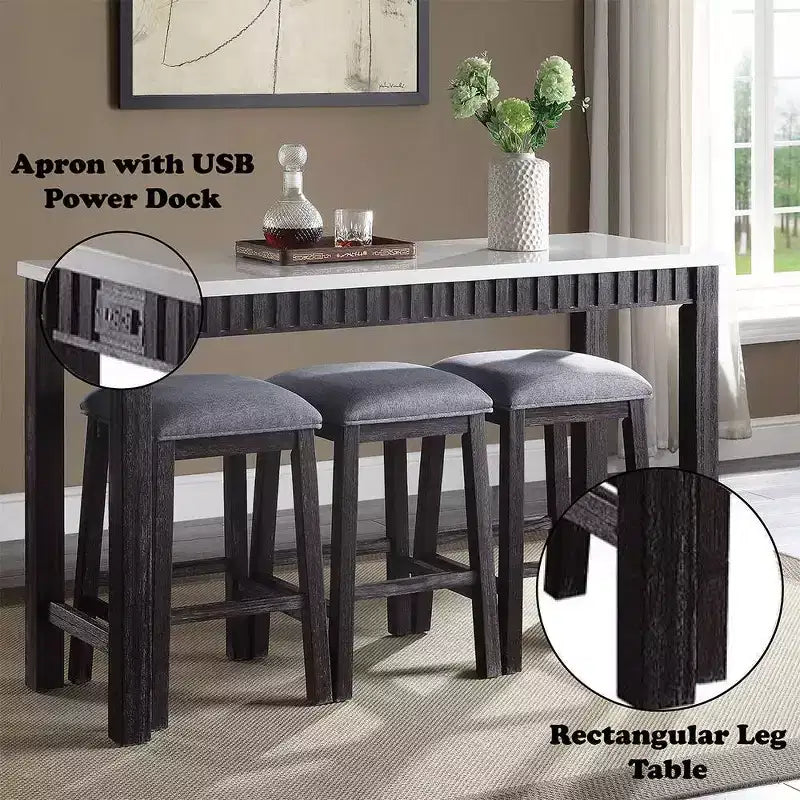 Ensemble de salle à manger Necalli de 152,4 cm avec plateau en marbre et hauteur de comptoir Espresso vieilli - Acme Furniture : 4 pièces, sièges en microfibre, base luge