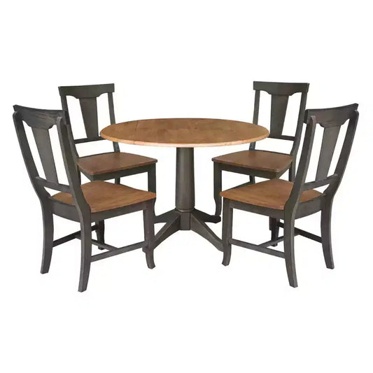 42" Round Dual Drop Leaf Dining Table with 4 Panel Back Chairs Hickory/Washed Coal - International Concepts: Traditional Style, Rubberwood Frame