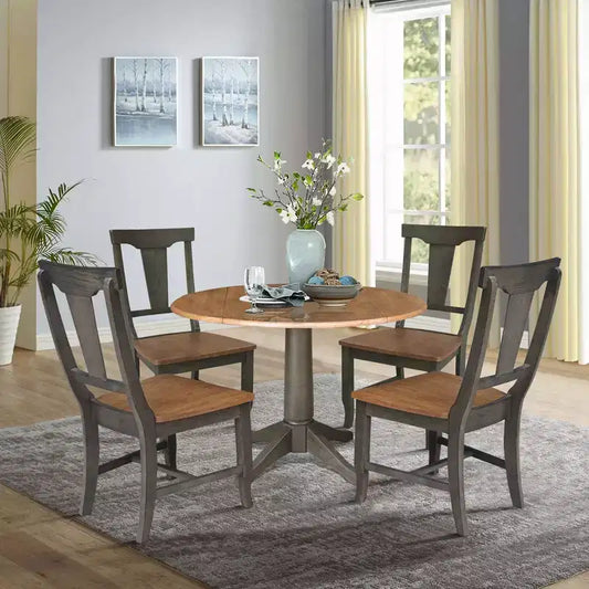 Table de salle à manger ronde de 42 po à double abattant avec 4 chaises à dossier à panneaux Hickory/Washed Coal - International Concepts : style traditionnel, cadre en bois d'hévéa