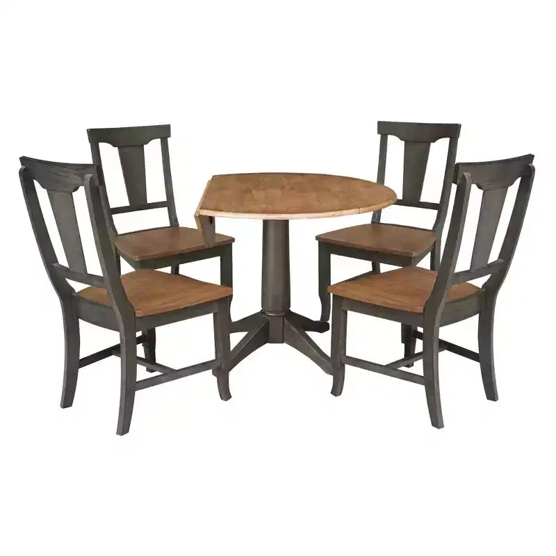 Table de salle à manger ronde de 42 po à double abattant avec 4 chaises à dossier à panneaux Hickory/Washed Coal - International Concepts : style traditionnel, cadre en bois d'hévéa
