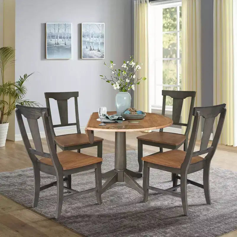 Table de salle à manger ronde de 42 po à double abattant avec 4 chaises à dossier à panneaux Hickory/Washed Coal - International Concepts : style traditionnel, cadre en bois d'hévéa