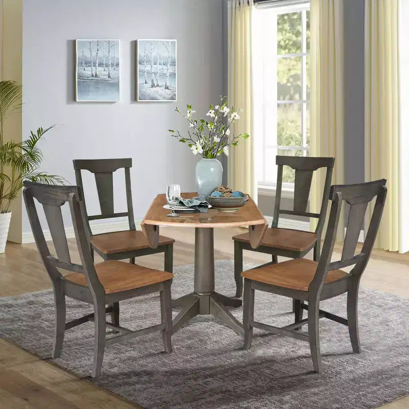 Table de salle à manger ronde de 42 po à double abattant avec 4 chaises à dossier à panneaux Hickory/Washed Coal - International Concepts : style traditionnel, cadre en bois d'hévéa