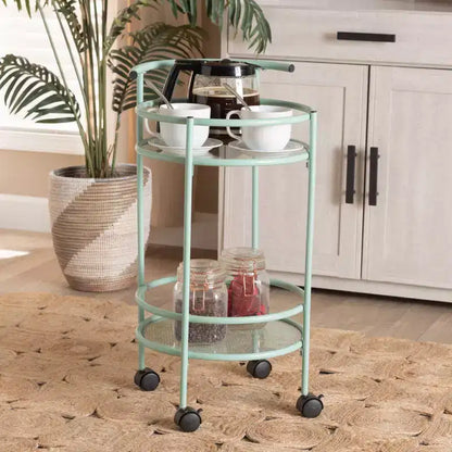 Chariot de cuisine à 2 niveaux Newell Metal vert menthe/noir – Baxton Studio : Étagères en verre, mobile, design de style mid-century, garantie de 30 jours