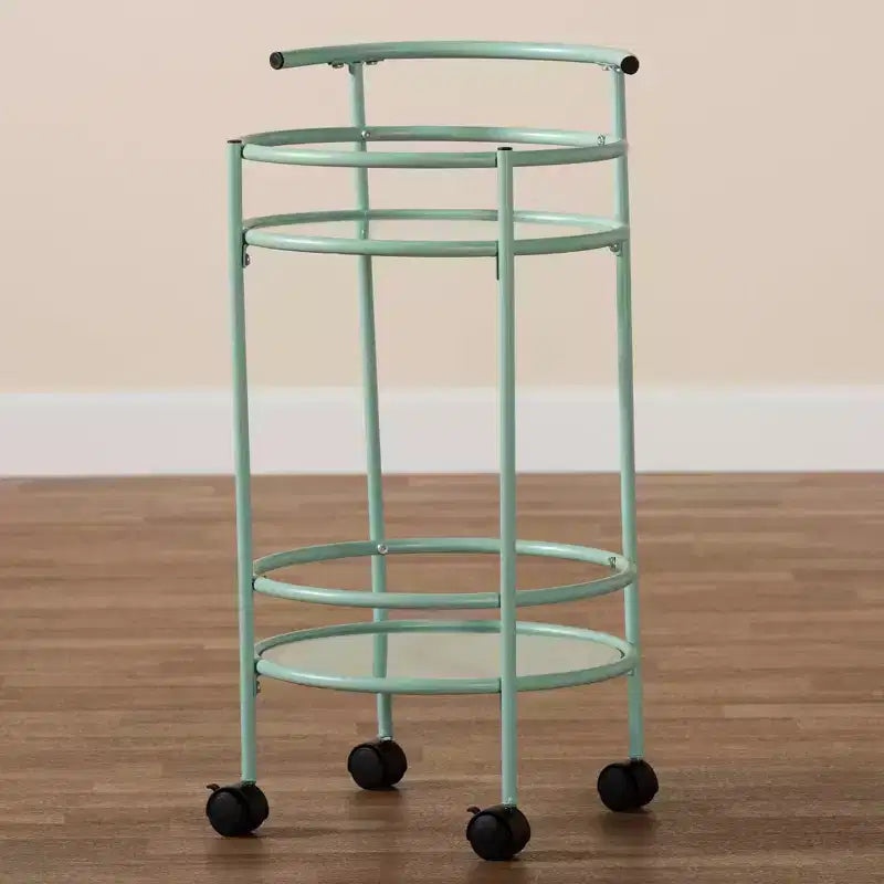 Chariot de cuisine à 2 niveaux Newell Metal vert menthe/noir – Baxton Studio : Étagères en verre, mobile, design de style mid-century, garantie de 30 jours