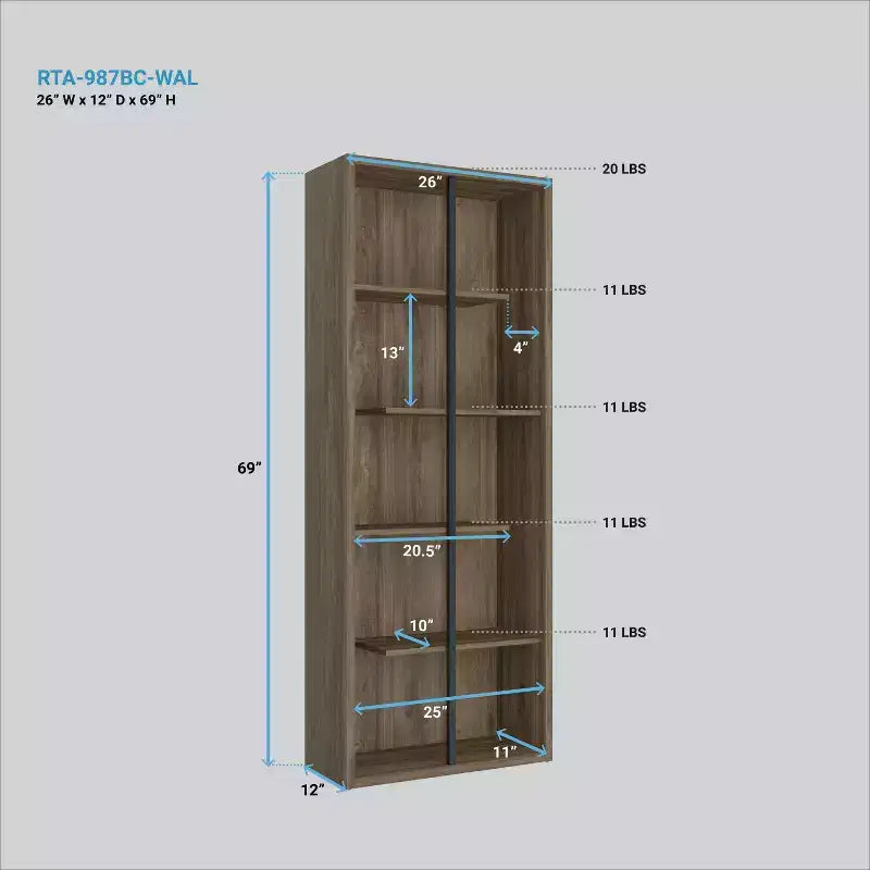 Bibliothèque en bois à 5 niveaux Noyer - Techni Mobili : Style moderne, matériau MDF, 5 étagères ouvertes