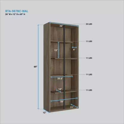 Bibliothèque en bois à 5 niveaux Noyer - Techni Mobili : Style moderne, matériau MDF, 5 étagères ouvertes