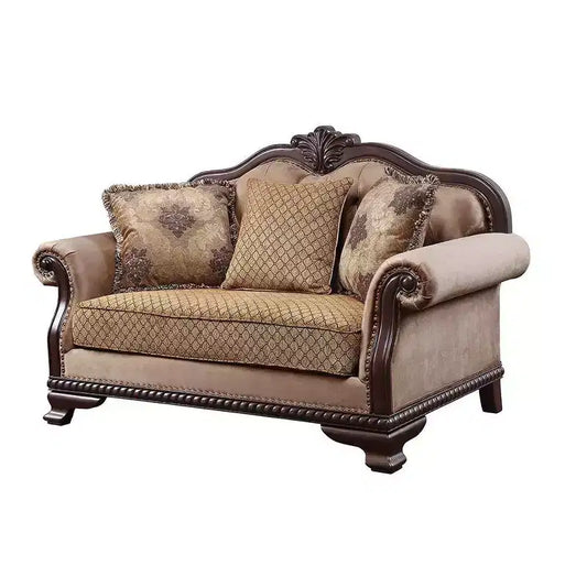Canapé en tissu Chateaux De Ville 175 cm, finition expresso - Acme Furniture : bois sculpté, coussins capitonnés, 3 coussins inclus