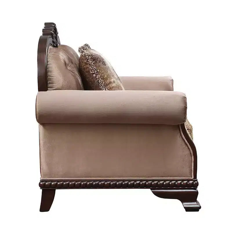 Canapé en tissu Chateaux De Ville 175 cm, finition expresso - Acme Furniture : bois sculpté, coussins capitonnés, 3 coussins inclus