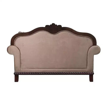 Canapé en tissu Chateaux De Ville 175 cm, finition expresso - Acme Furniture : bois sculpté, coussins capitonnés, 3 coussins inclus