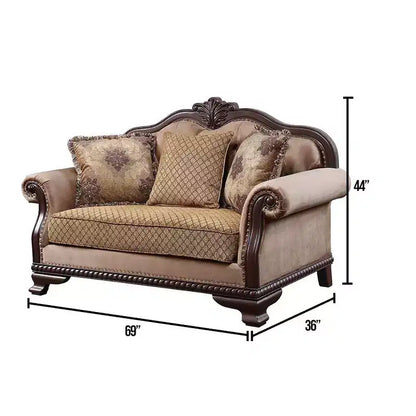 Canapé en tissu Chateaux De Ville 175 cm, finition expresso - Acme Furniture : bois sculpté, coussins capitonnés, 3 coussins inclus