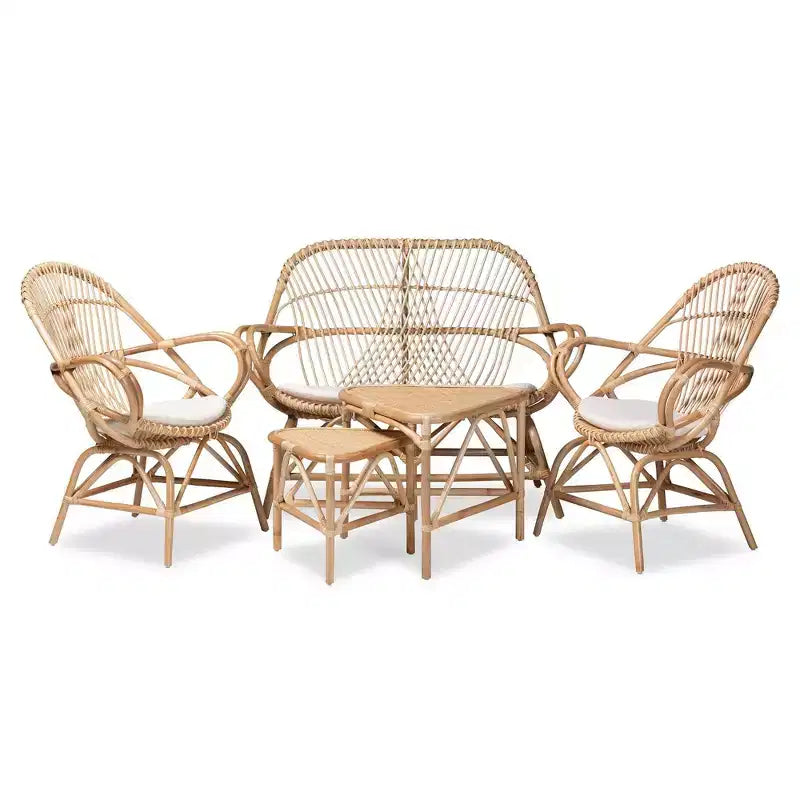 5pc Jayden Fabric Upholstered and Rattan Living Room Set White/Natural - bali & pari: No Assembly, Includes Cushions