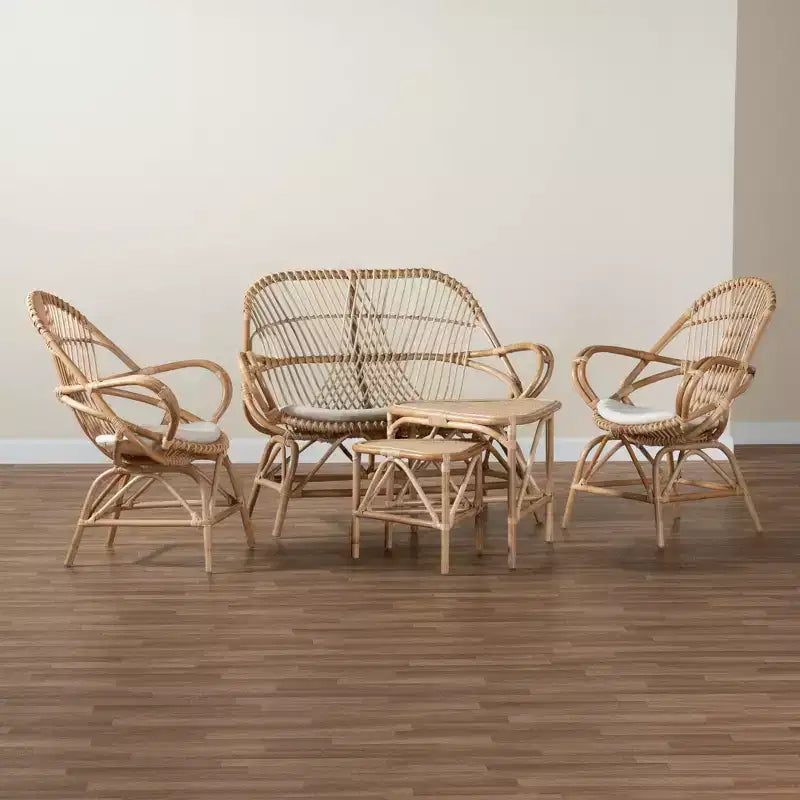 Ensemble de salon Jayden 5 pièces en tissu et rotin Blanc/Naturel - bali & pari : Aucun assemblage requis, Coussins inclus