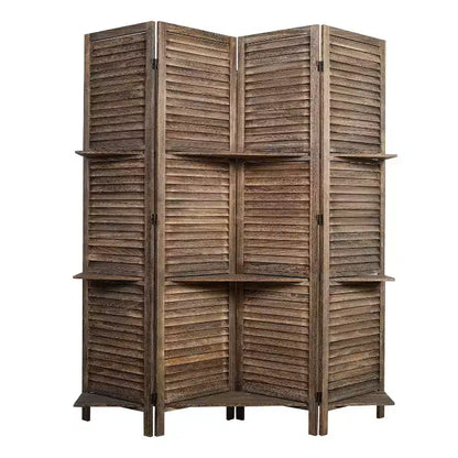 Proman Products Rancho 4 Shelf Panel Folding Screen Room Partition Paulownia Wood: Privacy Screen with Storage, No Assembly