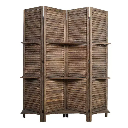 Proman Products Rancho 4 Shelf Panel Folding Screen Room Partition Paulownia Wood: Privacy Screen with Storage, No Assembly