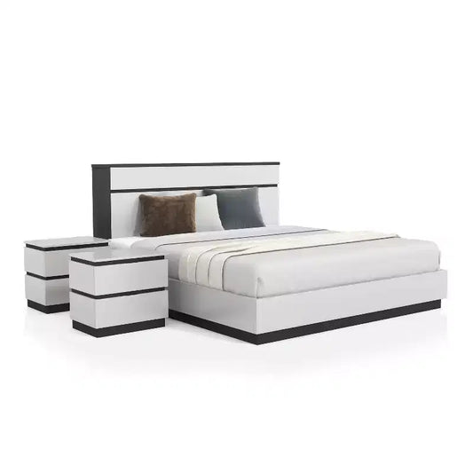 3pc Queen Pape Modern Bed with 2 Nightstands White/Metallic Gray - miBasics: Contemporary Furniture Set