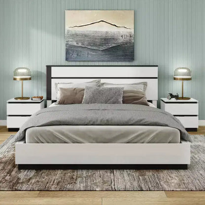 Lit Queen moderne 3 pièces Pape avec 2 tables de chevet Blanc/Gris métallisé - miBasics : Ensemble de meubles contemporains