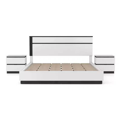 Lit Queen moderne 3 pièces Pape avec 2 tables de chevet Blanc/Gris métallisé - miBasics : Ensemble de meubles contemporains