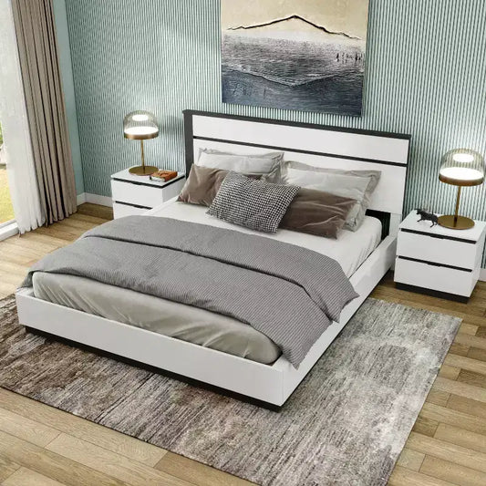 Lit Queen moderne 3 pièces Pape avec 2 tables de chevet Blanc/Gris métallisé - miBasics : Ensemble de meubles contemporains