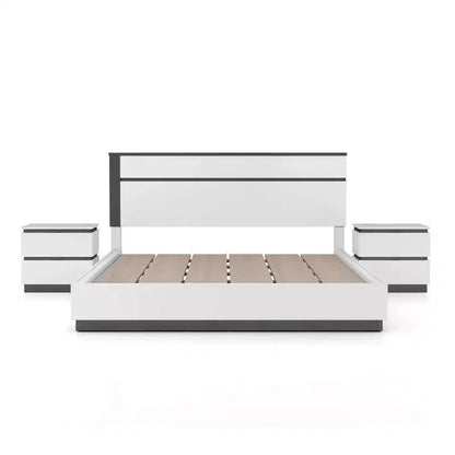 Lit Queen moderne 3 pièces Pape avec 2 tables de chevet Blanc/Gris métallisé - miBasics : Ensemble de meubles contemporains