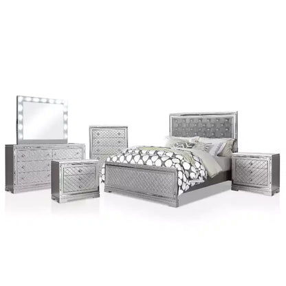 6pc California King Tenaya Bedroom Set Silver/Gray - HOMES: Inside + Out: Glamorous Design, Mirrored Trim, Button Tufted