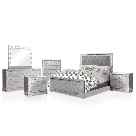 6pc California King Tenaya Bedroom Set Silver/Gray - HOMES: Inside + Out: Glamorous Design, Mirrored Trim, Button Tufted