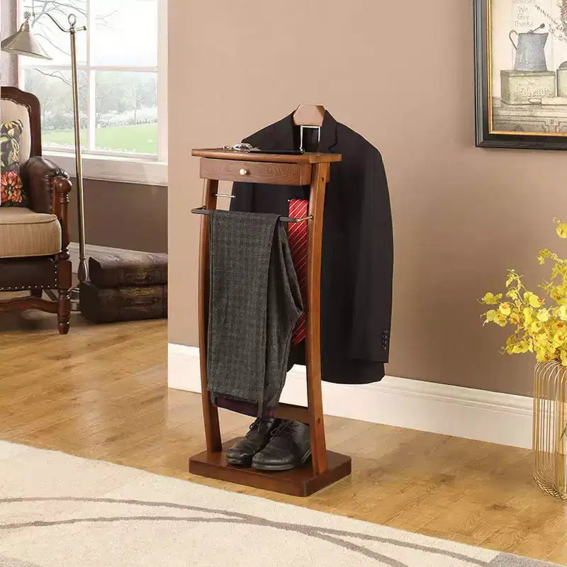 Kingsman Suit avec plateau supérieur à tiroir Cintre profilé Barre de pantalon Valet de nuit Noyer - Proman Products