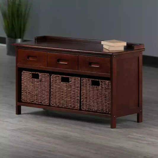 4pc Adriana Storage Bench with Baskets Walnut - Winsome: Transitional Style, Wood Frame, Spot Clean