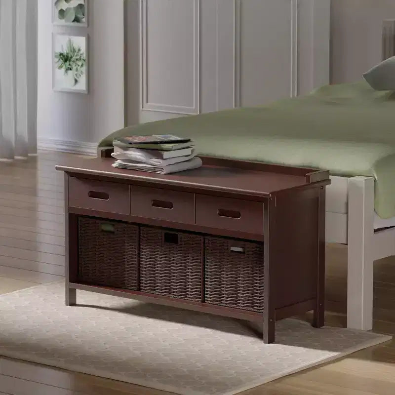 Banc de rangement Adriana 4 pièces avec paniers Noyer - Winsome : Style transitionnel, Cadre en bois, Nettoyage des taches