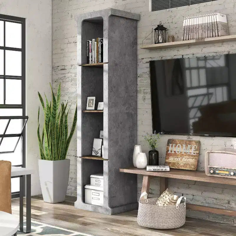 miBasics 75.39" Ossi Tour de Présentation Industrielle Ciment : Style Ferme à 4 Étagères, Construction en MDF et Panneaux de Particules