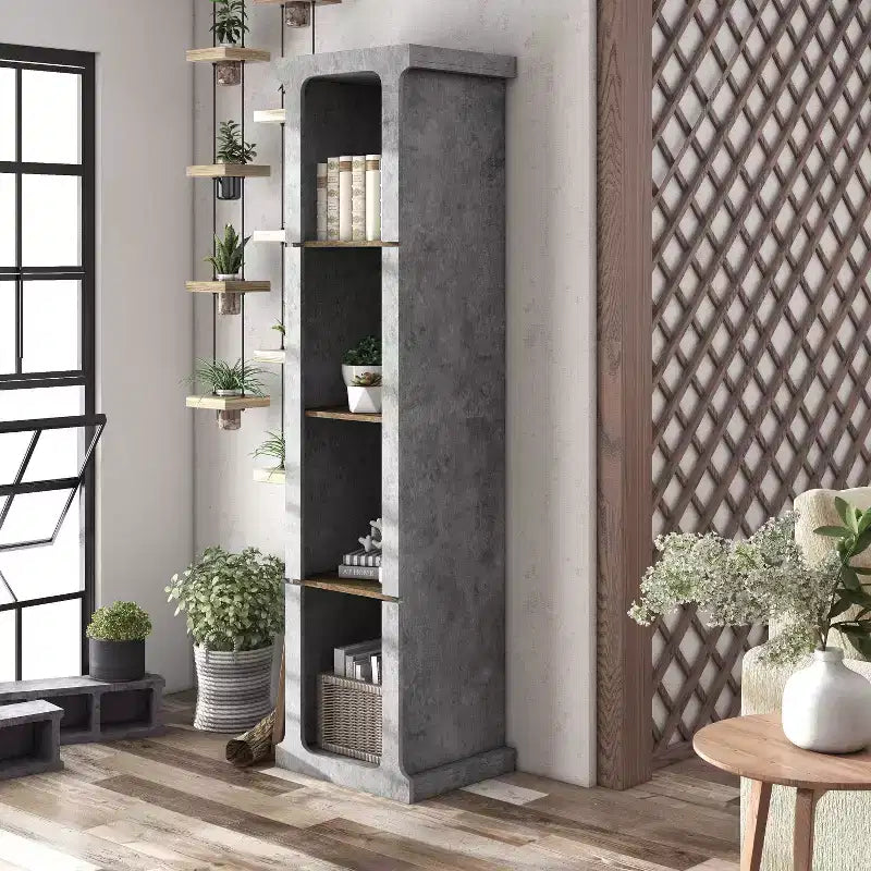 miBasics 75.39" Ossi Tour de Présentation Industrielle Ciment : Style Ferme à 4 Étagères, Construction en MDF et Panneaux de Particules