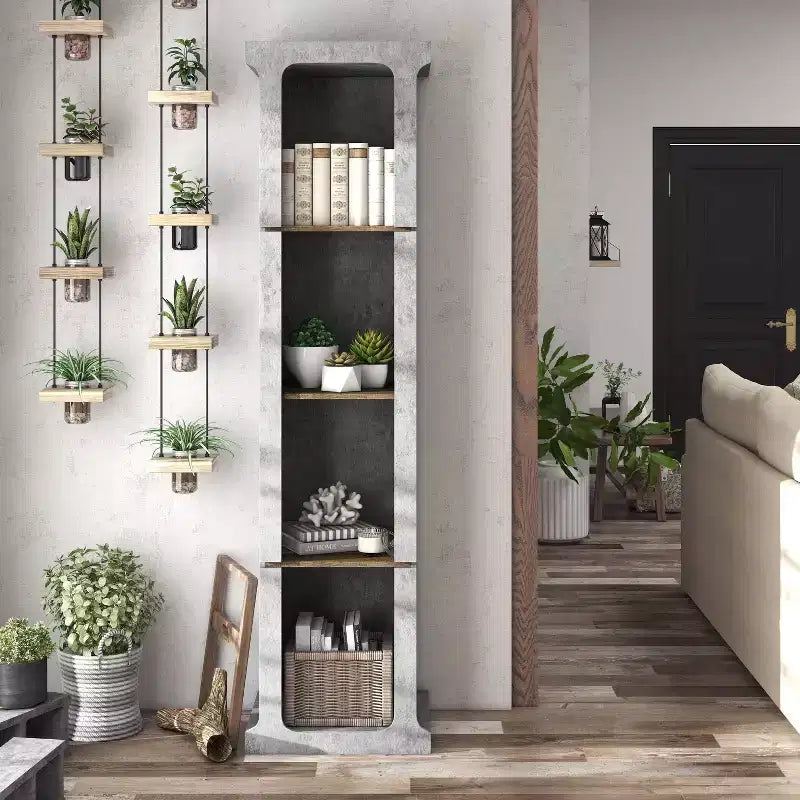 miBasics 75.39" Ossi Tour de Présentation Industrielle Ciment : Style Ferme à 4 Étagères, Construction en MDF et Panneaux de Particules