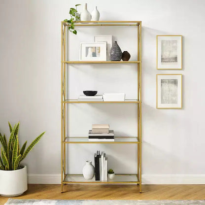 Étagère Héléna Or 76 po - Crosley : Cadre en acier robuste, accents courbés, 4 tablettes en verre transparent