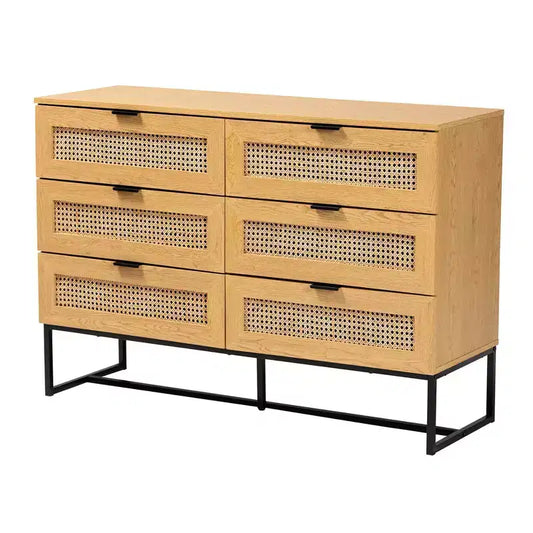 Meuble de rangement Sawyer Wood and Metal à 6 tiroirs avec rotin naturel Chêne brun/noir - Baxton Studio : Buffet Mid-Century