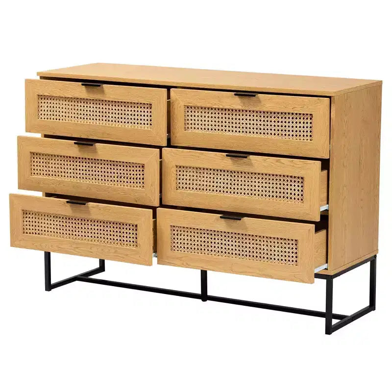 Meuble de rangement Sawyer Wood and Metal à 6 tiroirs avec rotin naturel Chêne brun/noir - Baxton Studio : Buffet Mid-Century