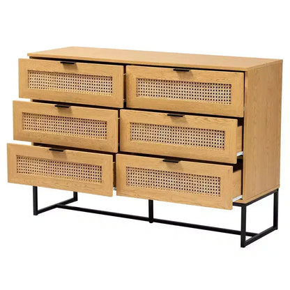 Meuble de rangement Sawyer Wood and Metal à 6 tiroirs avec rotin naturel Chêne brun/noir - Baxton Studio : Buffet Mid-Century