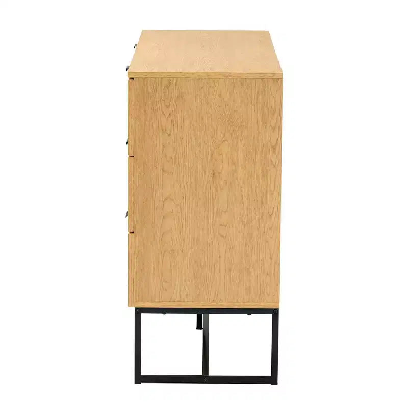 Meuble de rangement Sawyer Wood and Metal à 6 tiroirs avec rotin naturel Chêne brun/noir - Baxton Studio : Buffet Mid-Century