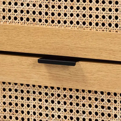 Meuble de rangement Sawyer Wood and Metal à 6 tiroirs avec rotin naturel Chêne brun/noir - Baxton Studio : Buffet Mid-Century
