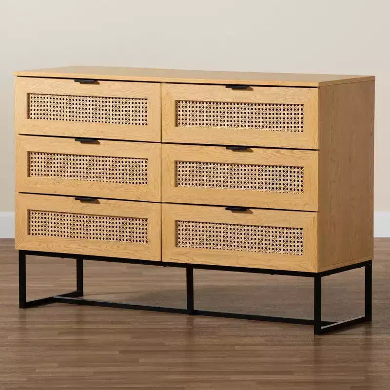 Meuble de rangement Sawyer Wood and Metal à 6 tiroirs avec rotin naturel Chêne brun/noir - Baxton Studio : Buffet Mid-Century