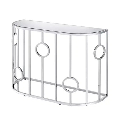 HOMES: Inside + Out Oakmonte Mirrored Semi Circle Sofa Table Chrome: Luxury Glam Style, Tempered Glass Top, Steel Frame